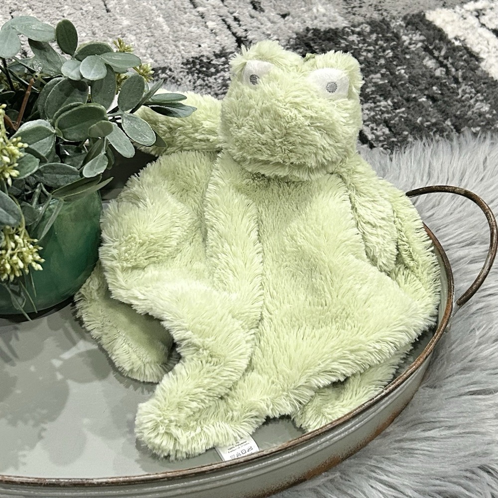 Oobles Green Fuzzy Frog Security Blanket Plush Lovey Rattle Baby Comfort Toy 14"